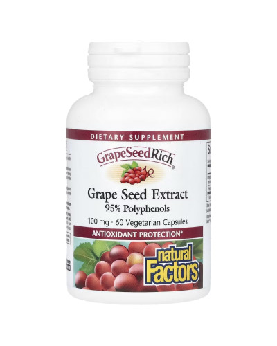 Екстракт виноградних кісточок, 100 мг, GrapeSeedRich, Grape Seed Extract, Natural Factors, 60 вегетаріанських капсул