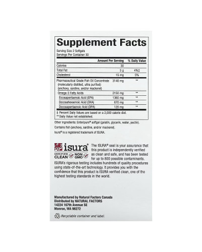 Омега-3 ультра, 2150 мг, RxOmega-3 Ultra Strength, Natural Factors, 60 гелевих капсул