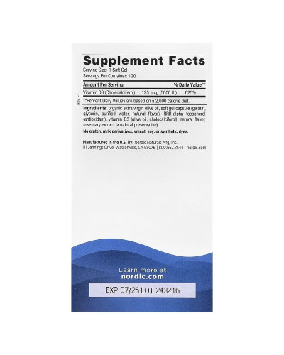 Вітамін D3, 125 мкг (5000 МО), смак апельсину, Vitamin D3, Nordic Naturals, 120 міні капсул