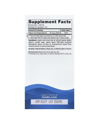Вітамін D3, 25 мкг (1000 МО), смак апельсину, Vitamin D3, Nordic Naturals, 120 міні капсул
