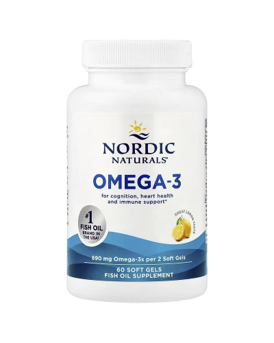 Омега-3, 690 мг на порцію, смак лимона, Omega-3, Nordic Naturals, 60 гелевих капсул Омега-3, 690 мг на порцію, смак лимона, Omega-3, Nordic Naturals, 60 гелевих капсул