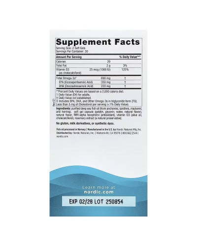 Омега-3 та вітамін D3, 690 мг та 25 мкг (1000 МО), смак лимона, Omega-3D, Nordic Naturals, 60 гелевих капсул