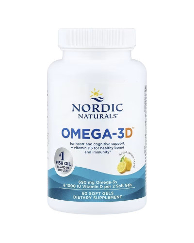 Омега-3 та вітамін D3, 690 мг та 25 мкг (1000 МО), смак лимона, Omega-3D, Nordic Naturals, 60 гелевих капсул