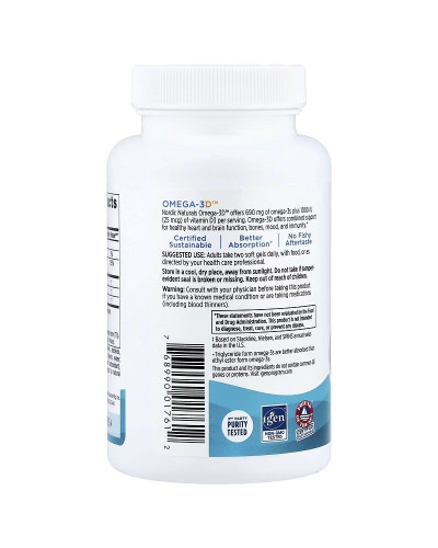 Омега-3 та вітамін D3, 690 мг та 25 мкг (1000 МО), смак лимона, Omega-3D, Nordic Naturals, 60 гелевих капсул