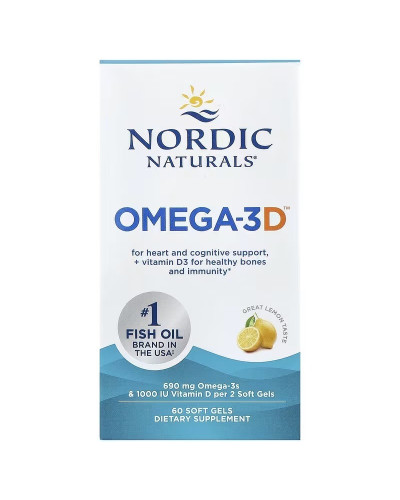 Омега-3 та вітамін D3, 690 мг та 25 мкг (1000 МО), смак лимона, Omega-3D, Nordic Naturals, 60 гелевих капсул