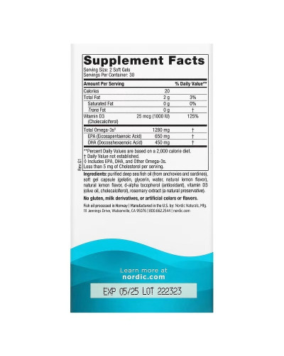 Омега-3 та вітамін D3, 1280 мг та 25 мкг (1000 МО), смак лимона, Ultimate Omega-3D, Nordic Naturals, 60 гелевих капсул