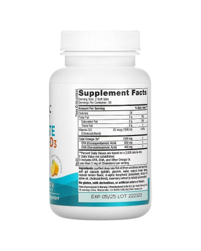 Омега-3 та вітамін D3, 1280 мг та 25 мкг (1000 МО), смак лимона, Ultimate Omega-3D, Nordic Naturals, 60 гелевих капсул