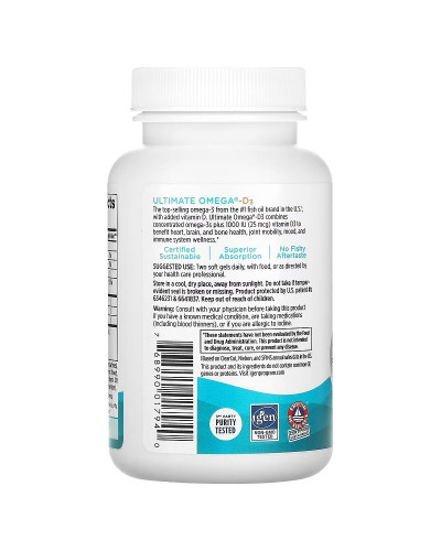 Омега-3 та вітамін D3, 1280 мг та 25 мкг (1000 МО), смак лимона, Ultimate Omega-3D, Nordic Naturals, 60 гелевих капсул