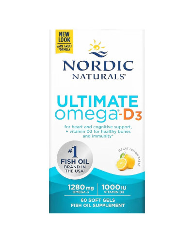 Омега-3 та вітамін D3, 1280 мг та 25 мкг (1000 МО), смак лимона, Ultimate Omega-3D, Nordic Naturals, 60 гелевих капсул