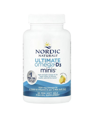 Омега-3 та вітамін D3, 1120 мг та 25 мкг (1000 МО), смак лимона, Ultimate Omega-D3 Minis, Nordic Naturals, 60 міні капсул
