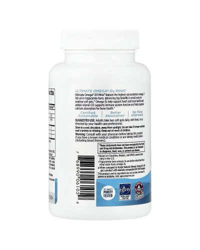 Омега-3 та вітамін D3, 1120 мг та 25 мкг (1000 МО), смак лимона, Ultimate Omega-D3 Minis, Nordic Naturals, 60 міні капсул