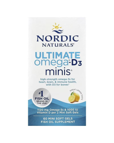 Омега-3 та вітамін D3, 1120 мг та 25 мкг (1000 МО), смак лимона, Ultimate Omega-D3 Minis, Nordic Naturals, 60 міні капсул