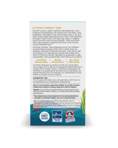 Омега-3, рыбий жир для подростков, вкус клубники, Teen, Ultimate Omega Fish Oil, Ages 12+, Nordic Naturals, 60 миникапсул