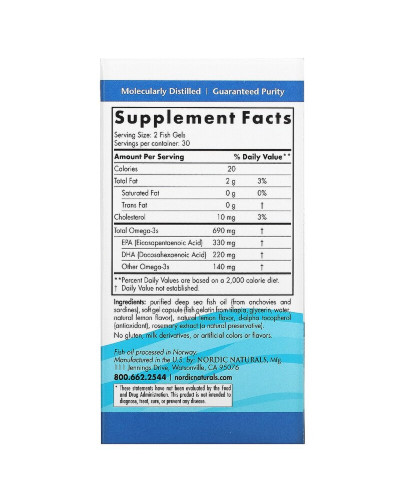 Омега-3, Вкус Лимона, Nordic Naturals, Omega-3, Lemon, 1000 мг, 60 гелевых капсул