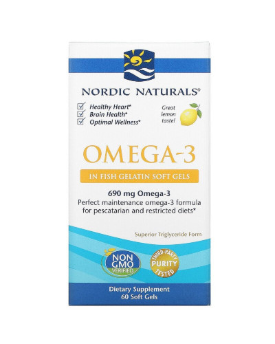 Омега-3, Вкус Лимона, Nordic Naturals, Omega-3, Lemon, 1000 мг, 60 гелевых капсул