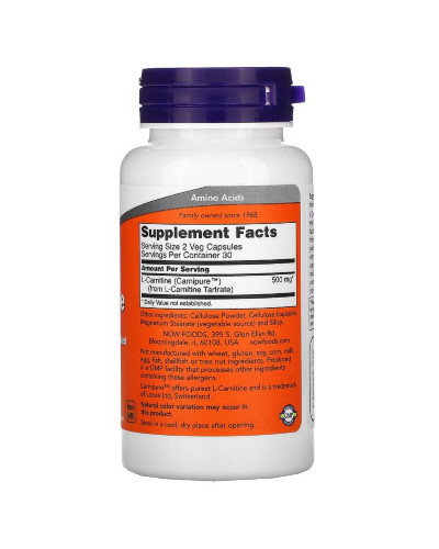 L- Карнитин, L-Carnitine, Now Foods, 250 мг, 60 вегетарианских капсул