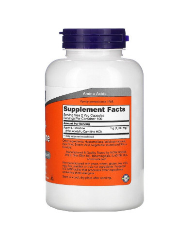 Ацетил-L-Карнітин, Acetyl-L-Carnitine, Now Foods, 500 Мг, 200 Вегетаріанських Капсул
