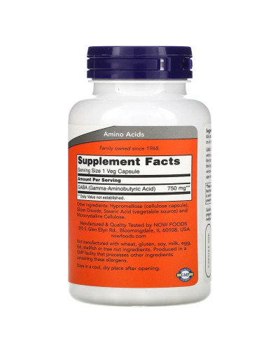 GABA (Гамма-Аминомасляная Кислота) 750мг, Now Foods, 100 вегетарианских капсул