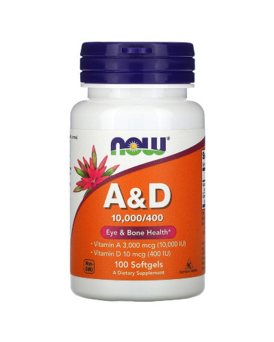 Вітамін А і Д, A & D, Essential Nutrition, Now Foods, 10,000 / 400 МО, 100 желатинових капсул