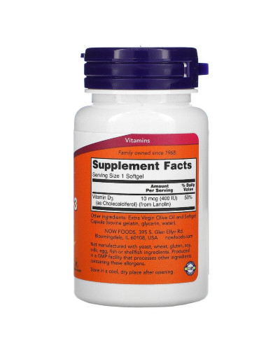 Вітамін D3, Vitamin D3, Now Foods, 400 МО, 180 желатинових капсул Вітамін D3, Vitamin D3, Now Foods, 400 МО, 180 желатинових капсул