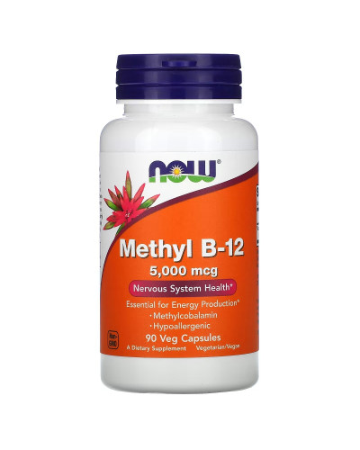 Витамин B-12, Метилкобаламин, 5000 мкг, Methyl B-12, NOW Foods, 90 вегетарианских капсул