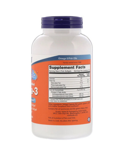 Омега-3 1000мг, 180 EPA/120 DHA, Molecularly Distilled Omega-3, Now Foods, 200 капсул из рыбьего желатина