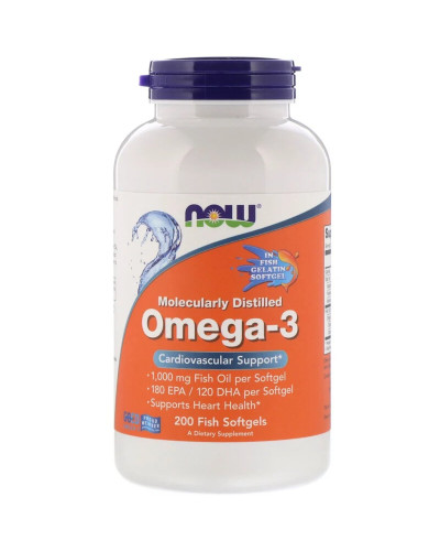 Омега-3 1000мг, 180 EPA/120 DHA, Molecularly Distilled Omega-3, Now Foods, 200 капсул из рыбьего желатина