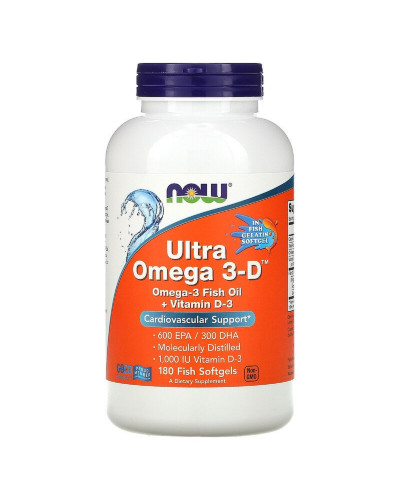Ультра Омега 3 и Витамин D, Ultra Omega 3-D, Now Foods, 180 Гелевых Капсул