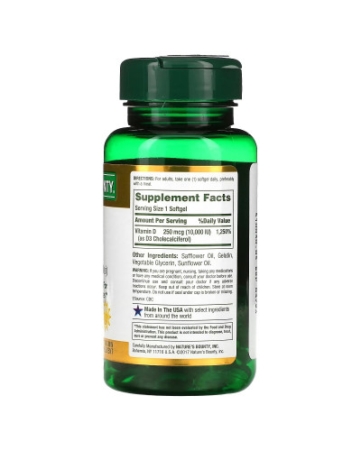 Витамин D3 быстрого высвобождения, 10000 МЕ, 250 мкг, Vitamin D, Nature's Bounty, 72 гелевых капсул