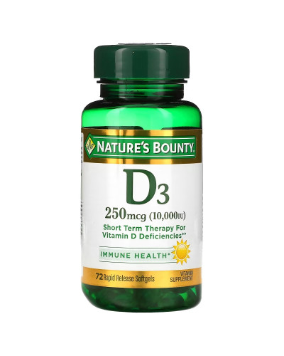 Витамин D3 быстрого высвобождения, 10000 МЕ, 250 мкг, Vitamin D, Nature's Bounty, 72 гелевых капсул