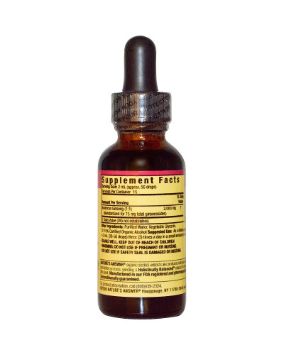Американский Женьшень, экстракт органического спирта (1:1), Ginseng, American, Root, Organic Alcohol Extract, Nature's Answer, 30 мл