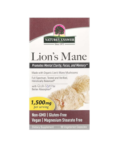 Ежовик гребенчатый, 1500 мг, Lion's Mane, Nature's Answer, 90 вегетарианских капсул
