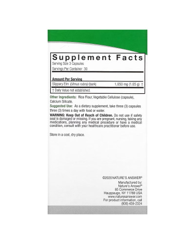 Скользкий вяз, 1050 мг, Slippery Elm, Nature's Answer, 90 вегетарианских капсул