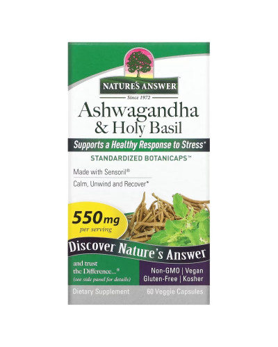 Ашваганда и базилик священный, 550 мг,  Ashwagandha & Holy Basil, Nature's Answer, 60 вегетарианских капсул
