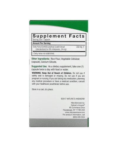 Готу кола, 330 мг, Gotu Kola, Healthy Immune Support, Nature's Answer, 60 вегетарианских капсул