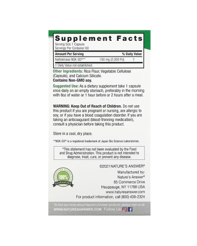 Наттокиназа, 100 мг, Nattokinase, Nature's Answer, 60 вегетарианских капсул