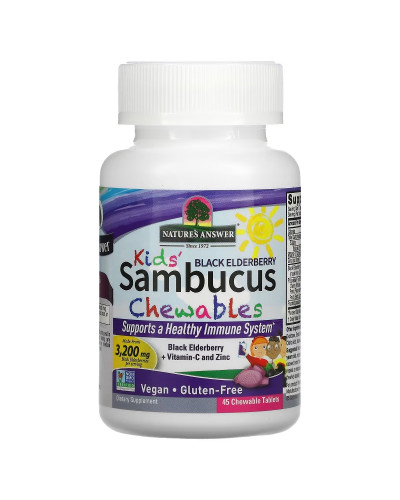 Черная бузина для детей с витамином С и цинком, Kid's Sambucus Chewables, Black Elderberry Vitamin C and Zinc, Nature's Answer, 45 жевательных таблеток Черная бузина для детей с витамином С и цинком, Kid's Sambucus Chewables, Black Elderberry Vitamin C and Zinc, Nature's Answer, 45 жевательных таблеток