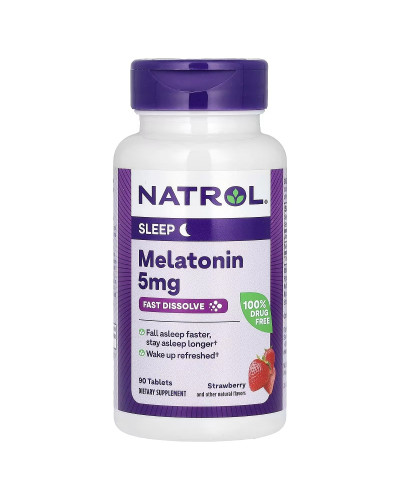 Мелатонін 5 мг, швидкорозчинний, смак полуниці, Melatonin, Fast Dissolve, Natrol, 90 таблеток
