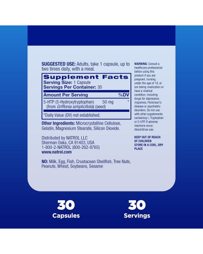 5-HTP (Гідрокситриптофан), 50 мг, 5-HTP, Natrol, 30 капсул 5-HTP (Гідрокситриптофан), 50 мг, 5-HTP, Natrol, 30 капсул