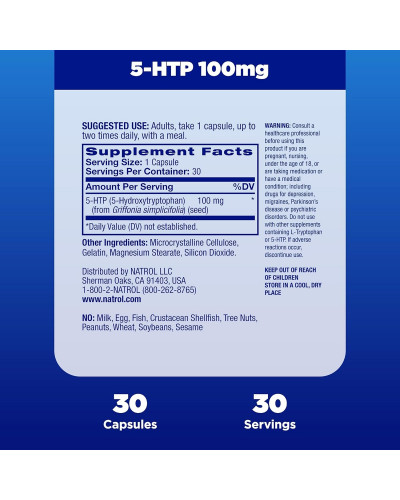 5-HTP (Гидрокситриптофан), 100 мг, 5-HTP, Natrol, 30 капсул 5-HTP (Гидрокситриптофан), 100 мг, 5-HTP, Natrol, 30 капсул