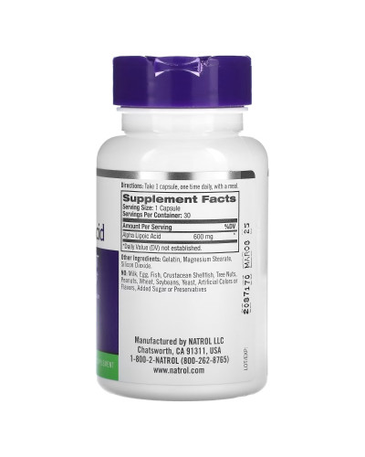 Альфа-ліпоєва кислота, 600 мг, Alpha-Lipoic Acid, Natrol, 30 капсул