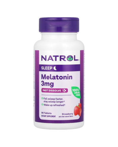 Мелатонин быстрорастворимый, 3 мг, вкус клубники, Melatonin, Fast Dissolve, Natrol, 90 таблеток