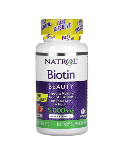 Біотин, 5000 мкг, смак полуниці, Biotin, Natrol, 90 таблеток