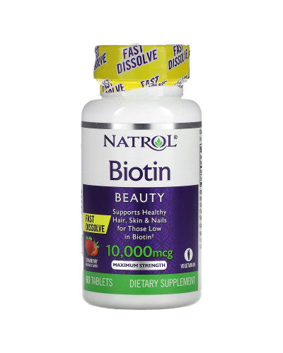 Біотин швидкорозчинний, 10000 мкг, смак полуниці, Biotin, Fast Dissolve, Natrol, 60 таблеток