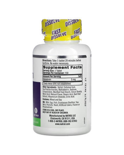 Мелатонин быстрорастворимый повышенной силы, 5 мг, вкус клубники, Melatonin, Fast Dissolve,  Extra Strength, Natrol, 150 таблеток