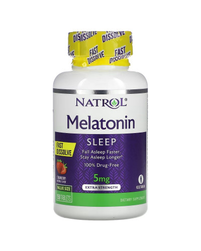 Мелатонин быстрорастворимый повышенной силы, 5 мг, вкус клубники, Melatonin, Fast Dissolve,  Extra Strength, Natrol, 150 таблеток