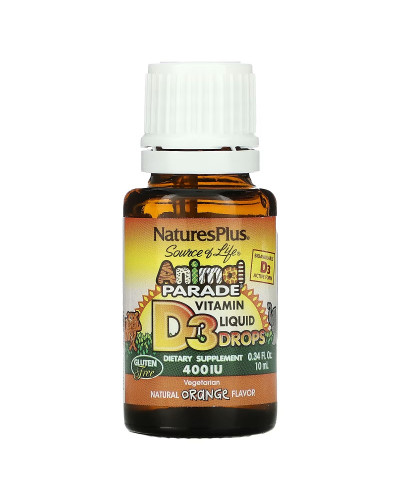 Витамин D3 400 МЕ для Детей, Вкус апельсина, Animal Parade, Vitamin D3 Liquid Drops, Natures Plus, 10 мл капли Витамин D3 400 МЕ для Детей, Вкус апельсина, Animal Parade, Vitamin D3 Liquid Drops, Natures Plus, 10 мл капли