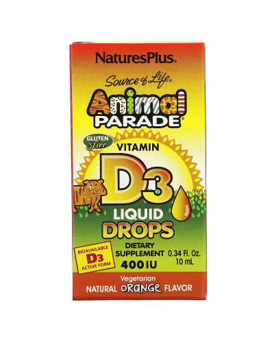 Витамин D3 400 МЕ для Детей, Вкус апельсина, Animal Parade, Vitamin D3 Liquid Drops, Natures Plus, 10 мл капли