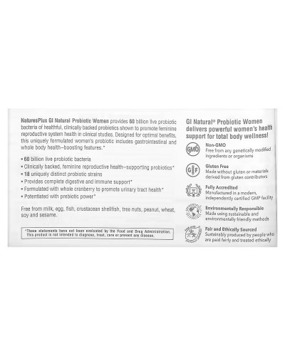 Пробіотик для жінок, 60 млрд КУО, GI Natural, Probiotic Women, Natures Plus, 30 капсул Пробіотик для жінок, 60 млрд КУО, GI Natural, Probiotic Women, Natures Plus, 30 капсул