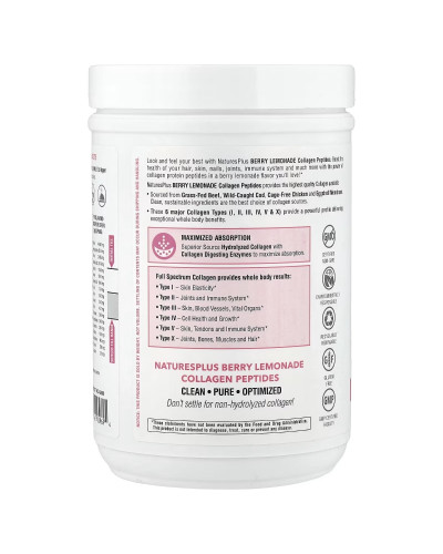 Пептиді колагену, смак ягідного лимонаду, Collagen Peptides, Natures Plus, 364 гр